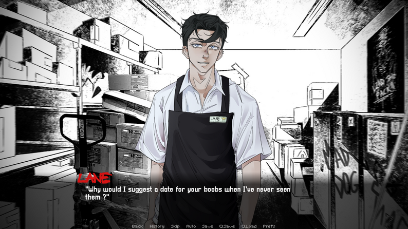 Big Bad Dogs screenshot showing Lane behind the counter at Mad Dog Convenience